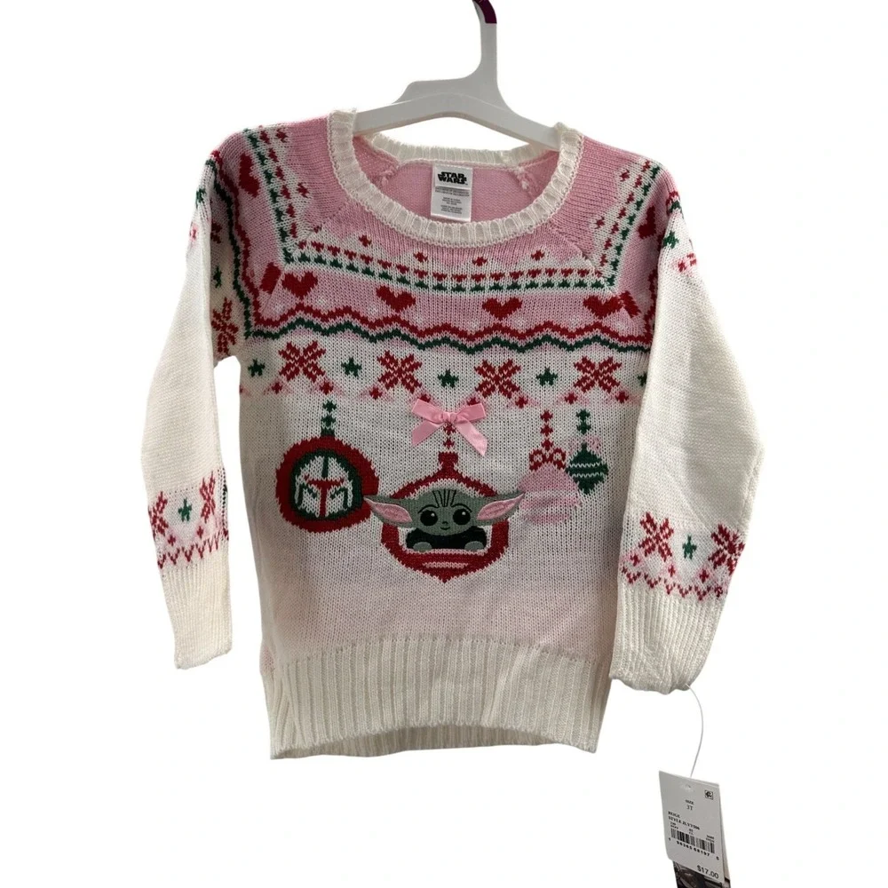Star Wars Baby Yoda Girls Holiday Sweater Pink & White Size 3T Acrylic Blend NWT